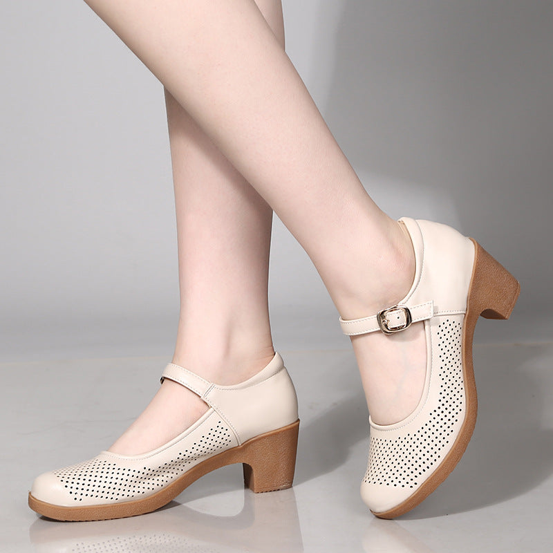 Zapatos de tacón grueso de piel suave y hueca