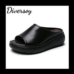 Sandalias de cuña retro de piel suave
