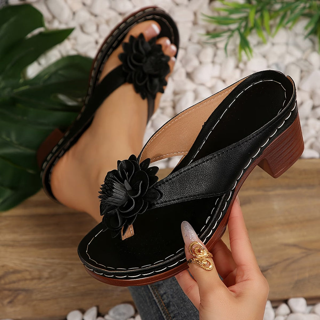 Sandalias de dedo de tacón con flor para mujer