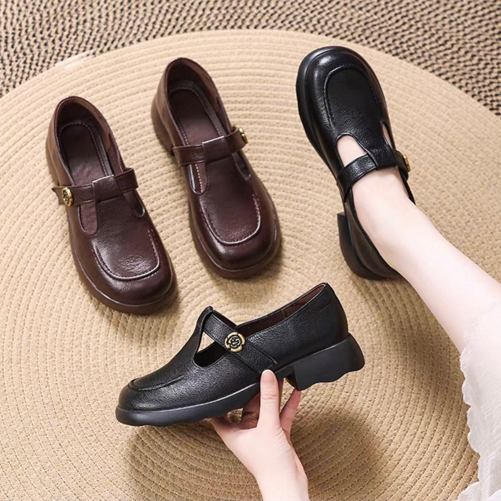 Zapatos planos de piel para mujer con punta redonda