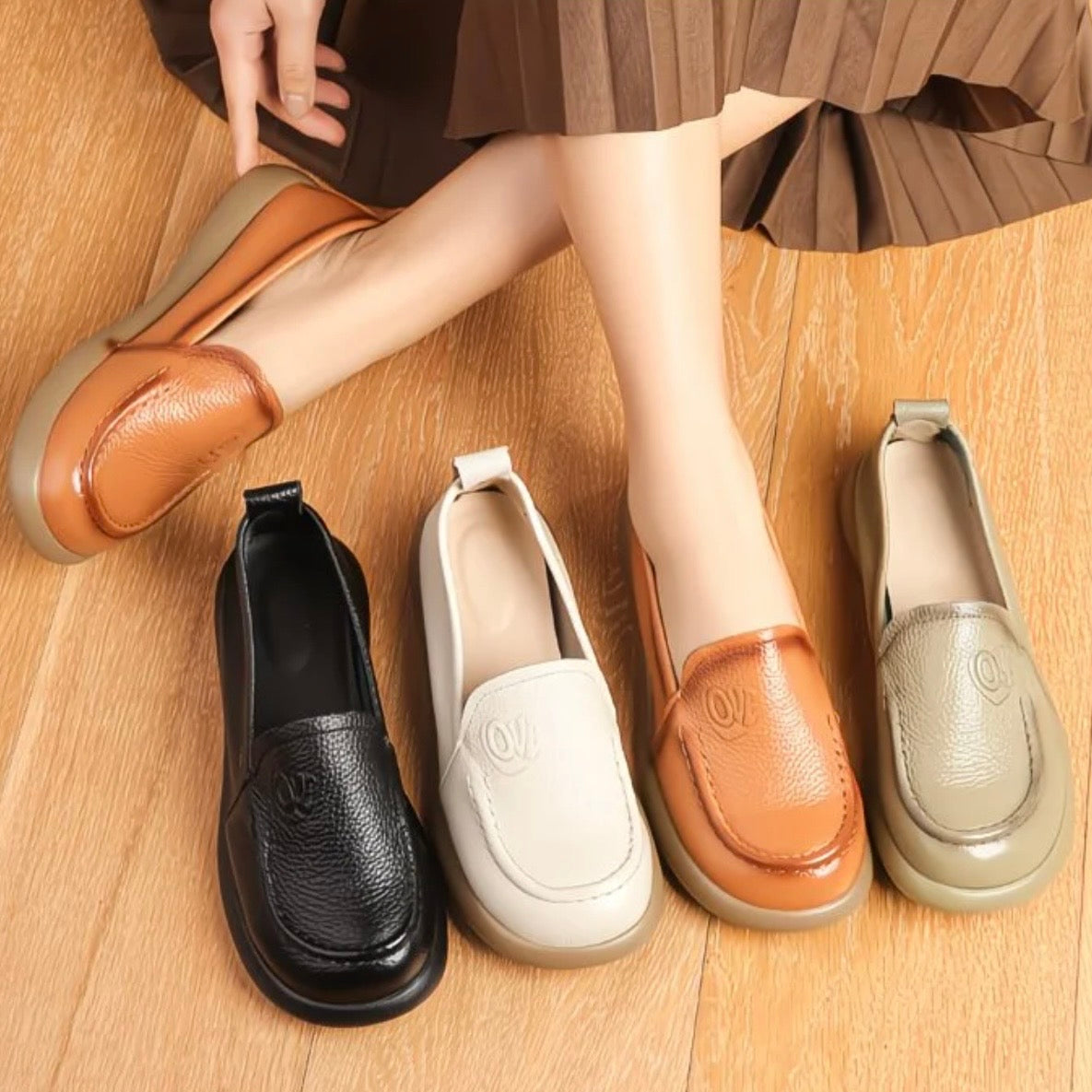 Zapatos de piel auténtica con punta redonda