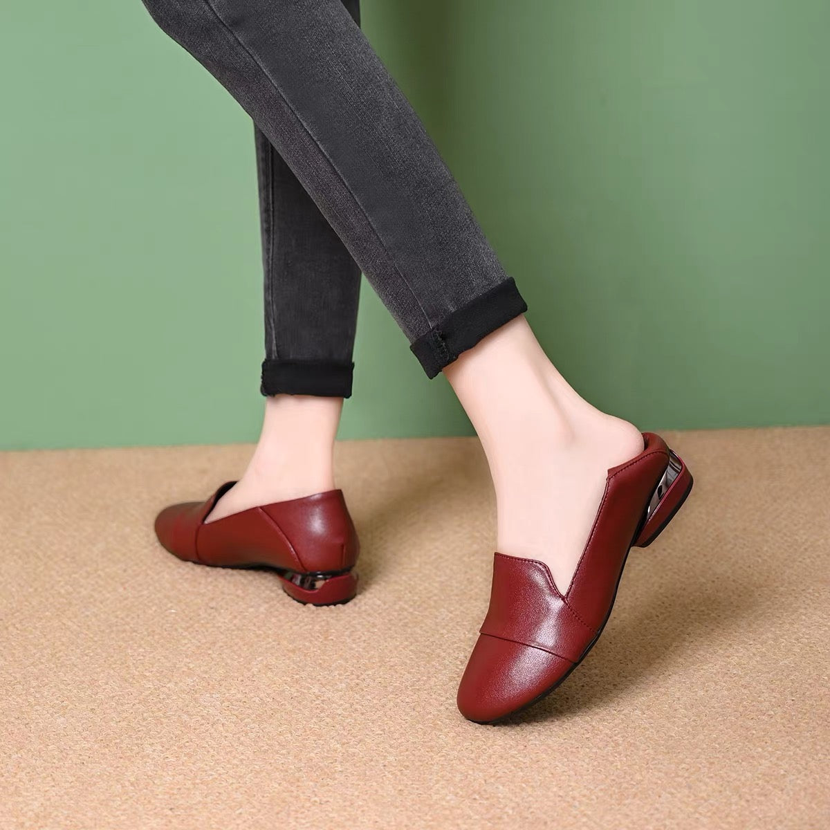 Zapatos de piel slip-on de tacón bajo vintage