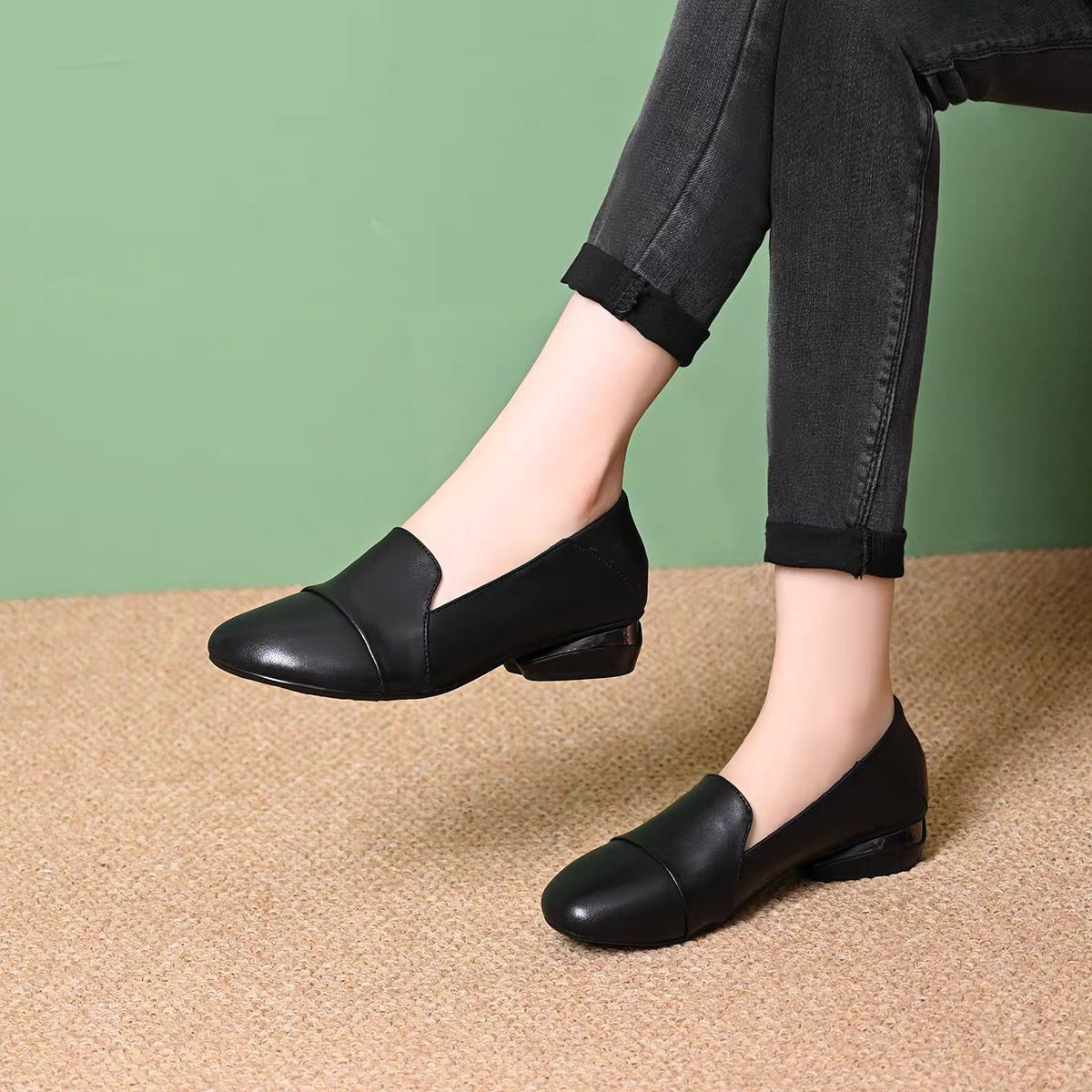 Zapatos de piel slip-on de tacón bajo vintage