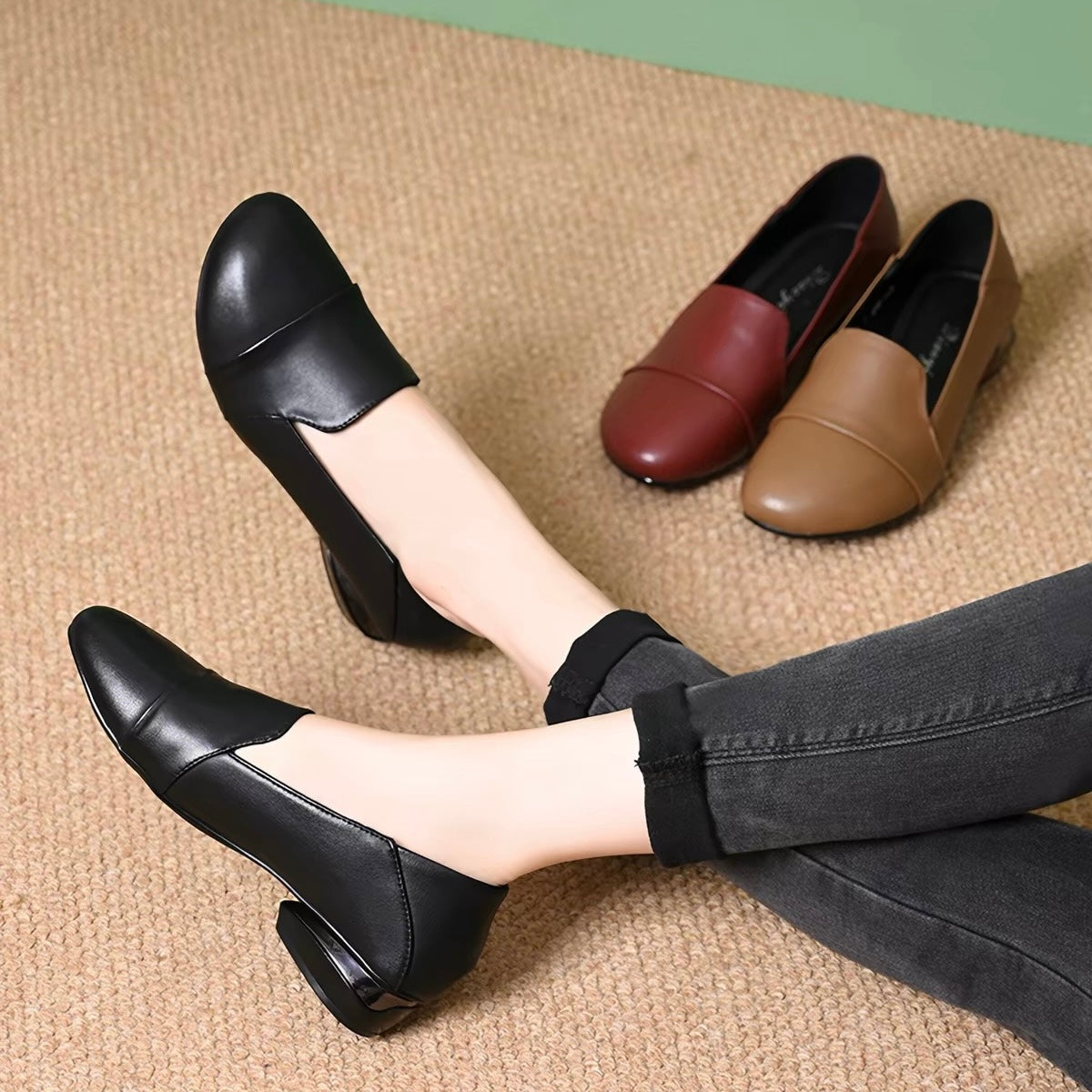Zapatos de piel slip-on de tacón bajo vintage