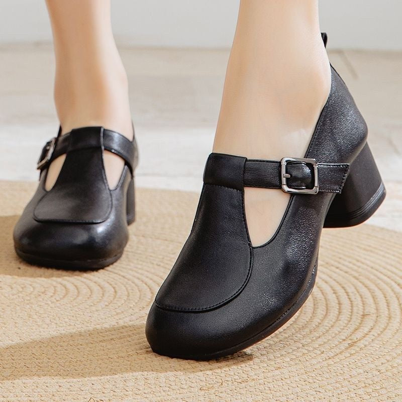 Zapatos de piel de tacón grueso antideslizantes