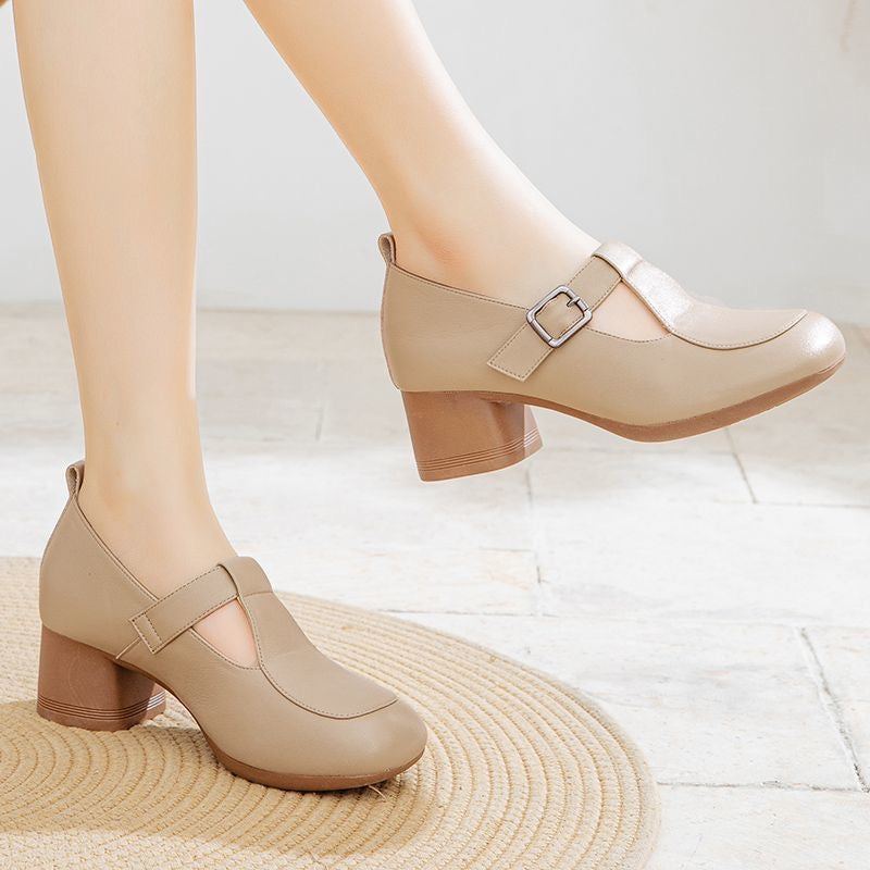 Zapatos de piel de tacón grueso antideslizantes