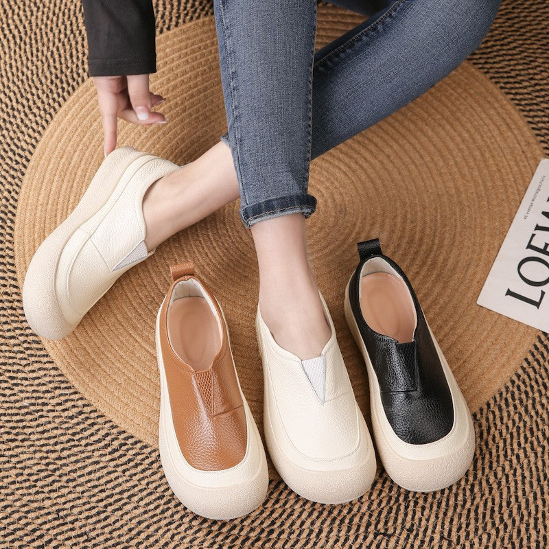 100% cuero genuino zapatos de plataforma con punta redonda