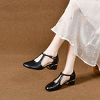 Zapatos de piel con punta redonda y tacón grueso